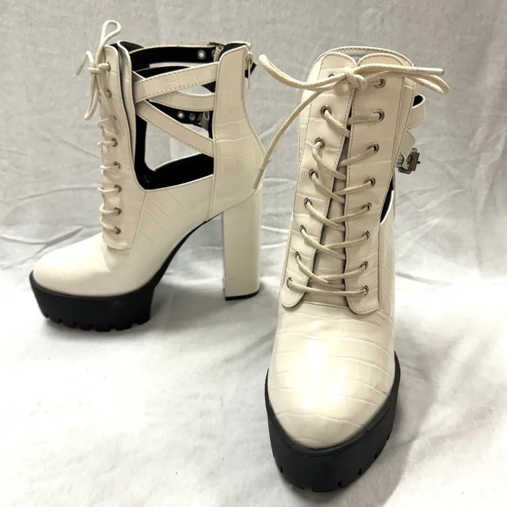 FASHION NOVA STAX platform boots high heels 8.5 white faux CROC ankle booties